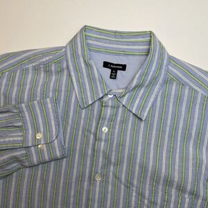 J. Peterman Button Down Shirt Men's XL Button Up Blue Green Stripe‎ Long Sleeve